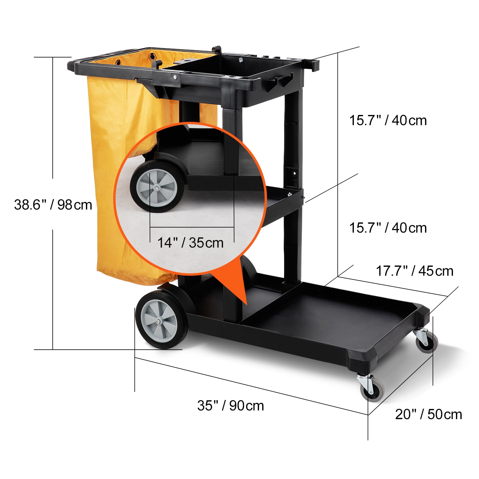 Cleaning Cart, 3-Shelf Commercial Janitorial Cart, 200 Lbs Capacity Plastic Housekeeping Cart, With 25 Gallon PVC Bag, 47 X 20 X 38.6in, Yellow&Black_maomaolike.com
